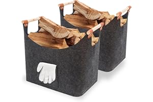 FINEW Lot de 2 paniers à bûches, Panier à bois pour boiss de chauffage avec gants, Sacs en feutre pliables, Grands sacs en feutre Panier à bois de chauffage pour ranger les journaux, les jouet