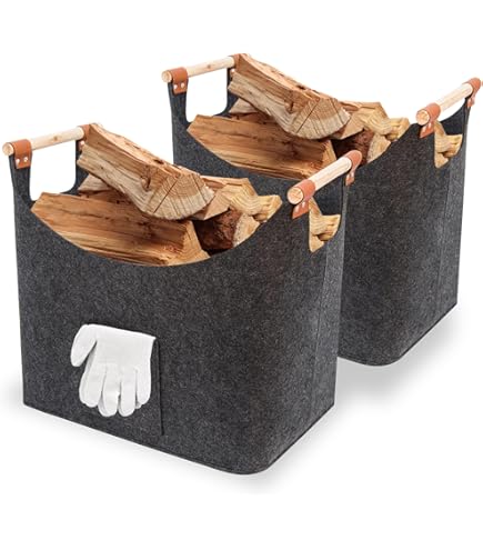BLACK OAK Montana Panier En Feutre Et Panier à Bois XL 60 L Pour Bois De Cheminée – Application En Cuir + Poignées Antidérapantes + Poche Avant Extra Large – Panier En