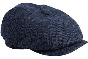 Gamble & Gunn Shelby' Flat Cap Herringbone Vintage Style Baker Boy Cloth Hat Button Top