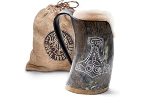 Norse Tradesman Véritable corne à boire viking Mug – 500 ml Chope à bière viking de qualité supérieure avec fond en bois dur super renforcé et gravure marteau de Thor | The Mjolnir, non poli, grand