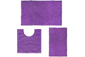 RUN HELIX Ultra Soft Chenille Bath Mat Non Slip, Bath Mat Set 3 Piece, Shaggy Bathroom Mats, Absorbent Bath Mats for Bathroom, Fluffy Bathroom Mat Set with U-Shaped Toilet Rug (Dark Purple)