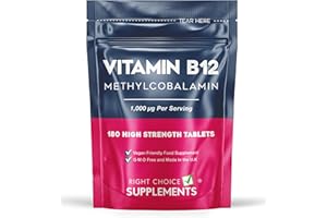 RIGHT CHOICE SUPPLEMENTS Vitamin B12 High Strength 1000 μg (mcg) - 180 Tablets - Pure Methylcobalamin Supplement - Energy Support - UK Vegan VIT B12