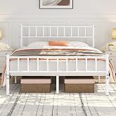 Yaheetech Double Metal Bed 135 x 190 cm Double with Headboard White | Modern Bed Frame with Storage Space Easy Assembly
