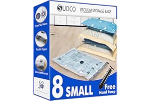 SUOCO Sacs de Rangement Sous Vide 8 Small avec Pompe à Main de Voyage - Sacs de Compression Étanches Gain de Place pour Vêtements, Literie, Couettes, Sacs Sous Vide pour Maison/Voyage