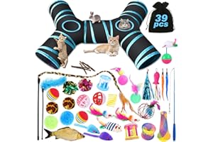 YUTUY Set de 39 Piezas para Gatos con Túnel, Palo Divertido, Ratones, Hierba Gatera, Bolas, Campanas, Tumbler y Peces