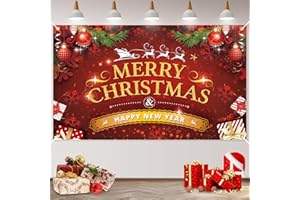 JOBKOO Large Merry Christmas Banner Background, Red Banners Photo Booth Wall Decor for Indoor Outdoor Home Party