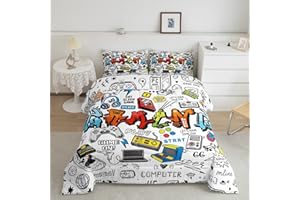 Loussiesd Gamer Set di biancheria da letto multicolore Graffiti Gamepad Biancheria da letto Piumone Giovani Uomo Bambini Reversibile Piumino Hip Hop Set Letto Decor Trapunta Set 135x200cm