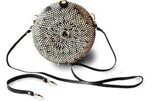 creazioni unique Borsa Paglia Donna Estiva in Midollino con Intreccio in Rattan - Borsetta Tonda con 2 Cinturini (Lungo e Corto) - Interno in Cotone - Borsa Primavera Estate 2024 (Nero/Avorio)