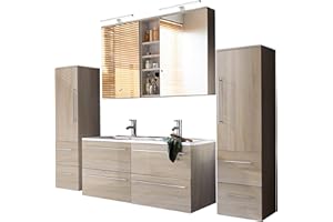 ‎JUNADO SAM 4 TLG. Badmöbel-Set Villa, Sonomaeiche matt, Softclose Badezimmermöbel, Doppelwaschplatz 120 cm Mineralgussbecken, Spiegelschrank, Zwei Hochschränke