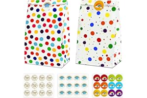 Aurinovellia 20 Piezas Bolsas de Papel Kraft para Regalos, Bolsas Regalo Cumpleaños Infantil con 36 Pegatinas, Bolsas Chuches Cumpleaños para Fiestas Infantiles Cumpleaños Navidad, 24 x 13 x 8 cm