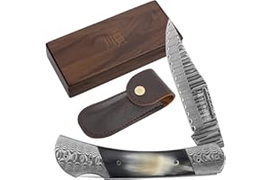 YOUSUNLONG Couteau de poche dans l'ensemble 195 mm Couteau pliant - Lame en japonais acier damas - Manche en corne de taureau