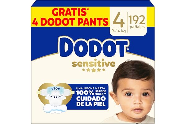 Dodot Pañales Bebé Sensitive, Talla 4 (9-14 kg), 192 Pañales + 4 Pants de Regalo, Hasta 12 h De Protección Antifugas y Cuidado de la Piel, Pack Mensual