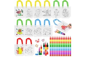 Tigvio Taschen zum Bemalen für Kinder, 12 Stück DIY Graffiti Non-Woven Stoffbeutel Mit 12 x 10 Farben in 1 Stapelbare Wachsmalstifte, Beutel für Kindergeburtstag