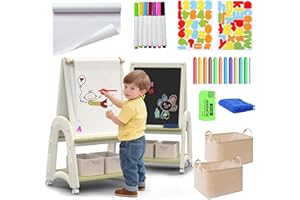 hoopyosms Caballete de Arte 3 en 1 para Niños con Rollo de Papel, Pizarra Blanca y Pizarra Negra, Altura Ajustable, con Accesorios de Dibujo, Verde