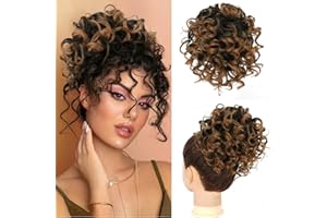 RUWISS Messy Bun Short Curly Drawstring Ponytail Extension Loose Hair Bun Hair Pieces for Women High Temperature Synthetic Hair Bun Extension 80g Black Mix Brown Ombre