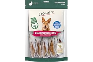 DOKAS Oreilles de lapin en fourrure - Sac à dos naturel sans céréales pour chien 100 % lapin - long pour grands chiens - 1 x 180 g