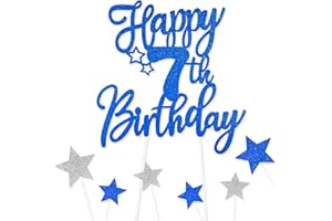 FUNCANDLE Royal Blue Happy 7th Birthday Cake Toppers for Cake,Personalised Cake Toppers for Boy Men Girl Women Decorations,Glitter Cupcake Topper Cake Topper Kit 7th Birthday Party Cake Decoration Supplies