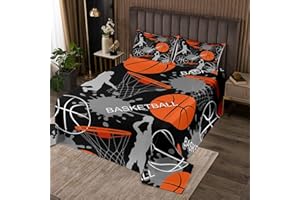 Tbrand Coperta sportiva Basket Star Slam Dunk Copriletto Trapuntato Copriletto Bambini Ragazzi 3D Basket Quilt Set Acquerello Stampato Trapuntato Collezione Camera Da Letto 2 Pz Singolo
