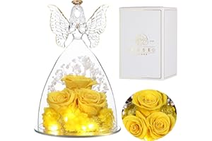 Eaprala Tres Flores de Rosa Preservadas Regalo en Figuras de Cristal Angel, Regalos de Cumpleaños para Mujeres,Regalos de Angel para Ella en Aniversario,Navidad,San Valentin.Amarillo