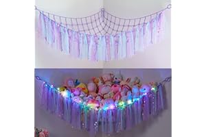 MHJY Hamac pour jouets en peluche - Filet de rangement doux pour jouets en peluche - Grand filet à suspendre avec lumière LED - Organiseur en macramé tissé à la main avec pompon pour chambre d'enfant