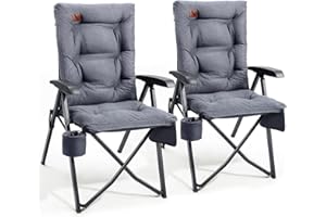 EVER ADVANCED Luxury Camping Chairs 2 Set for Adults Heavy Duty High Back Oversized Folding Garden Chair Comfy Padded 6cm Loadable 150kg Adjustable Dining Chairs 4-Position Recliner Chair Grey