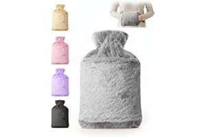 KEPLIN Hot Water Bottle 2L with Soft Faux Fur Cover, Leakproof Natural Rubber, Long Lasting Warmth for Neck, Back & Hands, Fluffy Cosy Design for Men & Women, Winter Comfort - Grey