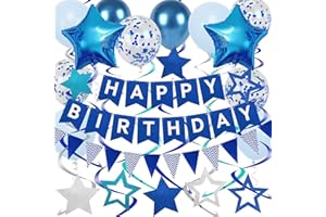 DOUVELUE Blue Birthday Decorations, Happy Birthday Banner and Blue Star Balloons, Glitter Hanging Stars with Hanging Swirls, Birthday Bunting Banner, for Women Men Boys Birthday Party Decoration