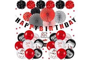 Sinmoe 34 Stück Geburtstag Deko Rote Schwarze Geburtstag Party Deko Happy Birthday Ballons Konfetti Luftballons Banner Pompons Papierfächer Girlande für Frau Mann (50. Geburtstag)