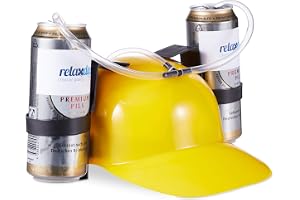 Relaxdays 10022789_48 Party drickhjälm, hjälm med slang, för 2 burkar öl, rolig artikel karneval och fotboll, rolig ölhjälm, gul, unisex – vuxna, 1 styck