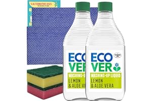 Eco Washing up Liquid Bundle with 2x Ecover Washing up Liquid Lemon & Aloe Vera 450ml, 2x Sponge Scourer, 2x All Purpose Cloths and 1x JenBurr leaflet