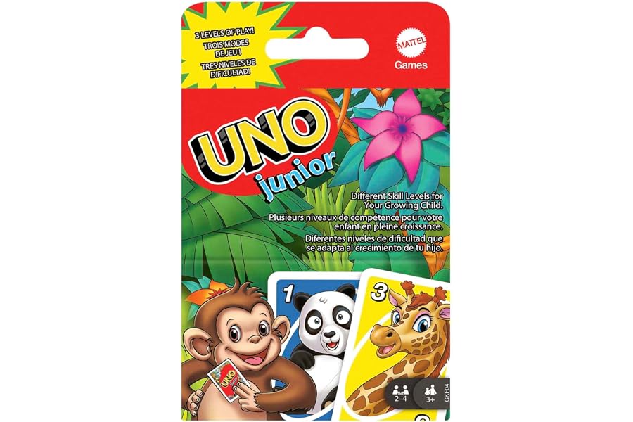 Mattel Games, Juego de Cartas UNO Junior, Juego de Mesa para niños con Dibujos de Animales (Mattel GKF04)