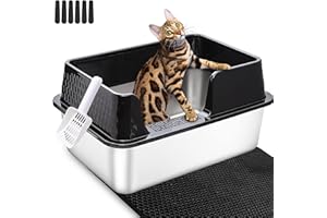 Vealind Stainless Steel Litter Box Metal Cat Litter Tray Heavy Duty, High Sided Cat Litter Tray with Detachable Rim Enclosure Sturdy Durable Large Kitty Litter Pan