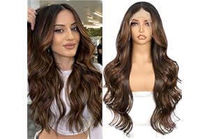 Sapphirewigs Brown Lace Front Wig Synthetic 13x4 Body Wave Balayage Synthetic Lace Front Wigs Party Date Daily Wear Christmas Natural Looking 26 inch