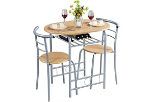 Yaheetech Juego Mesa de Cocina con 2 Sillas de Comedor Conjuntos de Mueble de 3 Piezas con Vino Estante Madera