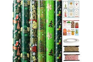 FullJoyHut 6 Rotoli di Carta Regalo Natalizio Verde - 43cm x 3M per Rotolo, Carta da Regalo Natalizia Riciclabile con Etichette, Corda e Nastro per Confezione Regalo di Natale