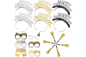 HARRYCLE Set di 18 Decorazioni di Capodanno 2024 Occhiali Divertenti Glitter Trombette per Feste Cerchietti Happy New Year Lingua di Menelicche per Capodanno Tiara per Capelli per Bambini Adulti
