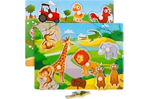 GSrenyu 2 Set Wooden Jigsaw Puzzles for Kids 3-5, Farm Animals Peg Puzzles Full-Color Pictures Chunky Child Puzzle for Preschool Educational