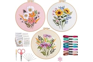 Offizon 3PCS Embroidery Kit for Beginners - Cross Stitch DIY Craft Set, Flower Embroidery Accessories & Hoop Included, Hand Embroidery Kit for Adults Stitching Sewing Kit Gift | FlowerB Patterns