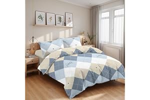 Etrexonline Juego de Funda Nórdica 3 Piezas Cama 90 Microfibra Suave Transpirable - 1 Funda Edredón 150x220 cm, 1 Bajera 90x200+28 cm y 1 Funda Almohada 50x110 cm (Cuadro Azul y Beige)