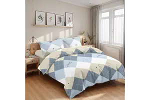 Etrexonline Juego de Funda Nórdica 3 Piezas Cama 90 Microfibra Suave Transpirable - 1 Funda Edredón 150x220 cm, 1 Bajera 90x200+28 cm y 1 Funda Almohada 50x110 cm (Cuadro Azul y Beige)