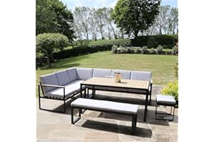 Charles Bentley Black Square Legs Strong Extrusion Aluminium Corner Sofa Lounge Dining Set with 10cm Thick Cushion Polyester Industrial Style