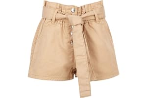 AELSTORES Short Paperbag pour filles - Short en denim sable - Taille haute - Sac en papier avec ceinture - Pantalon chaud pour enfants - Style denim élégant - Tendance - Pour 9, 10, 11, 12, 13, 14, 15 ans