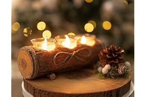 HOMEZONE Modern Rustic Log Christmas candle Tea Light Holders with 3 Stylish Glass Candle Holder - Strong and Robust Wood Effect Christmas Table Centerpiece Ornamental Wedding Candle Holder Gifts