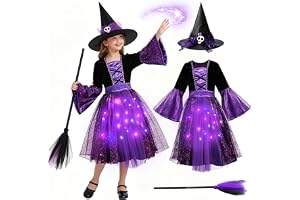 Joellfuner Häxkostym för flickor, häxklänning för flickor, halloweendräkter LED häxkjol med hatt och trollstav, cosplay häxkostym för halloween, karneval, födelsedagsfest