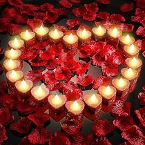 1000 pétales de rose artificielles avec 24 bougies LED en forme de cœur romantique - Sans flamme - Pour une nuit romantique, la Saint-Valentin, un anniversaire de mariage, une décoration