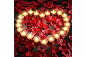 HUTATO 24pcs Bright Romantic Heart LED Candles with 1200pcs Artificial Rose Petal Kit - Romantic Valentine's Day Decorations,Flameless Romantic Love LED Tealight Candle for Anniversary Wedding Table Decor