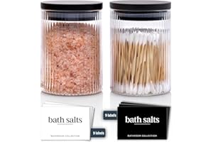 Mason & Fable Ribbed Glass Bathroom Jars with Airtight Black Bamboo Lids | Cotton Pad/Buds/Q tip Holder | Bath Salt/Small Makeup/Clear Vanity Apothecary Storage Canister (300ml- 2x)