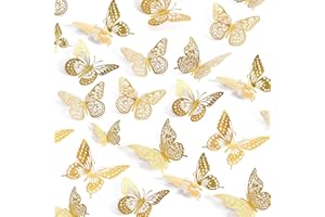 UCLEVER 48pcs 3D Butterfly Wall Stickers Gold Removable 4 Style 3 Sizes for Bedrooms Festival Party Decorations (Gold)