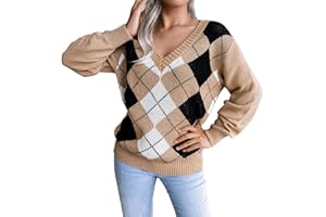 acsefire Maglione Scozzese da Donna Preppy Argyle Maglione Casual a Maniche Lunghe con Scollo a V Kintted Kintwear