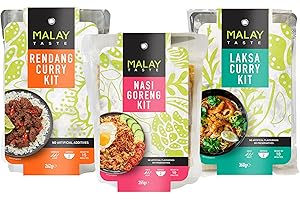 Malay Taste Meal Kits 3 Pack Bundle - Laksa Curry 360g, Rendang Curry 262g & Nasi Goreng 355g